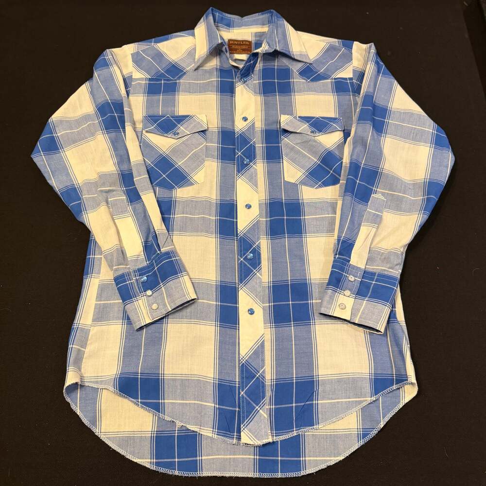 Vintage Rustler by Wrangler Blue Plaid Western Pearl Snap Long Sleeve Shirt sz M